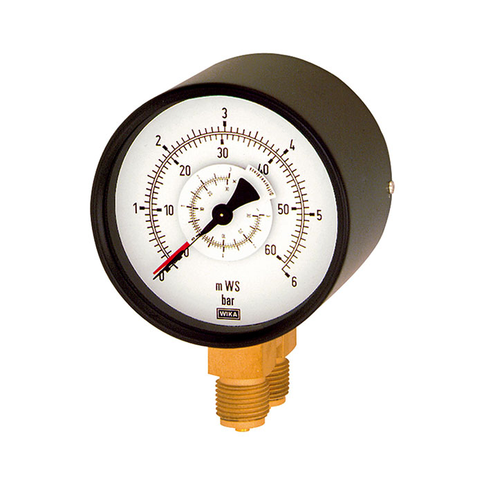 Differential pressure gauge, parallel, 2 x G 1/2, 0-1 bar, Ø 100