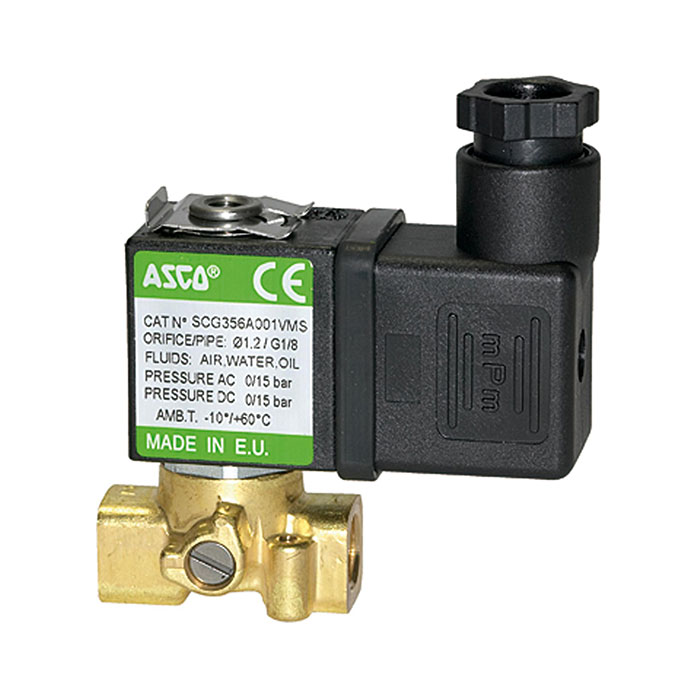 3/2-way solenoid valve brass, NC, 230/50 V AC, 50 Hz, FKM, G 1/8