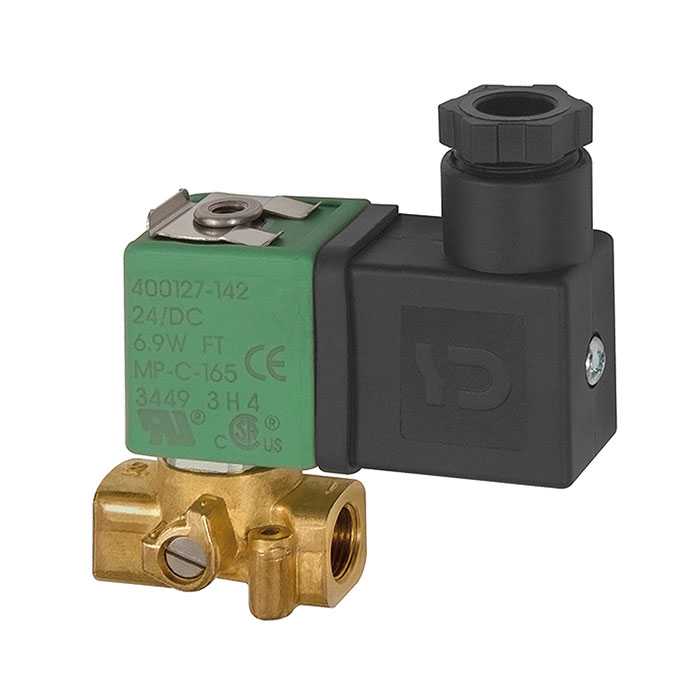 3/2-way solenoid valve brass, NC, 24 V DC, FKM, G 1/8