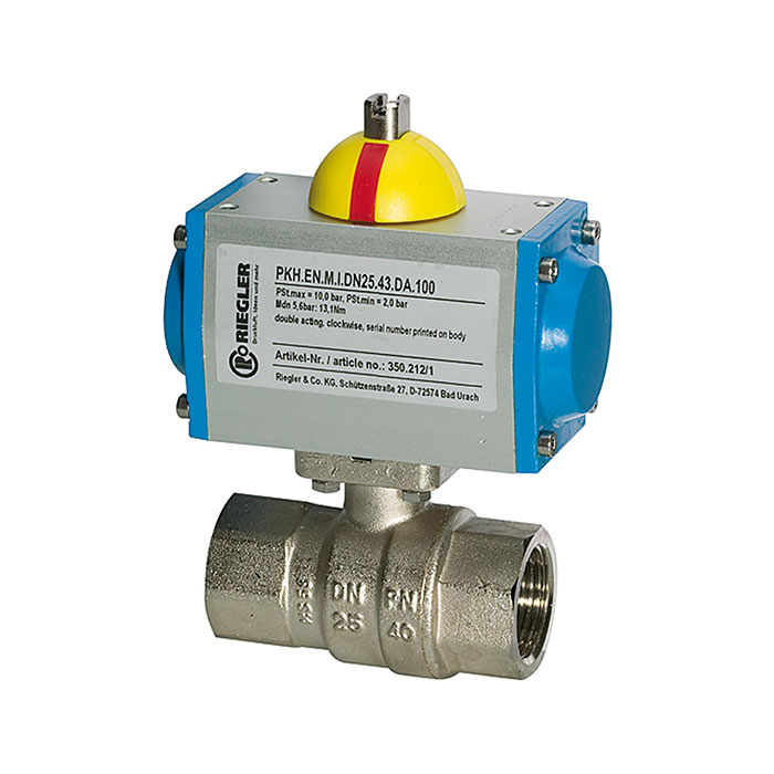 Brass ball valve, Pneumat. actuation drive spring switching, Rp 1