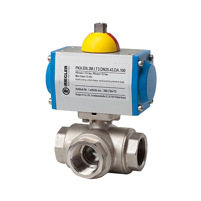 3-way brass ball valve, Pneumat. actuation drive, T-hole, Rp 3/4