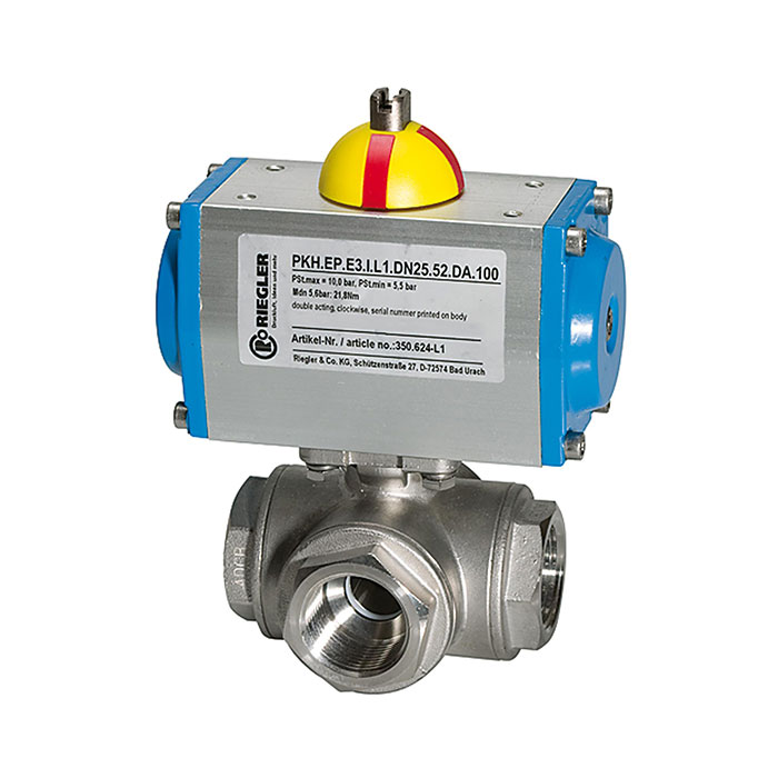 Stainless steel ball valve, Pneumat. actuation drive, L-hole