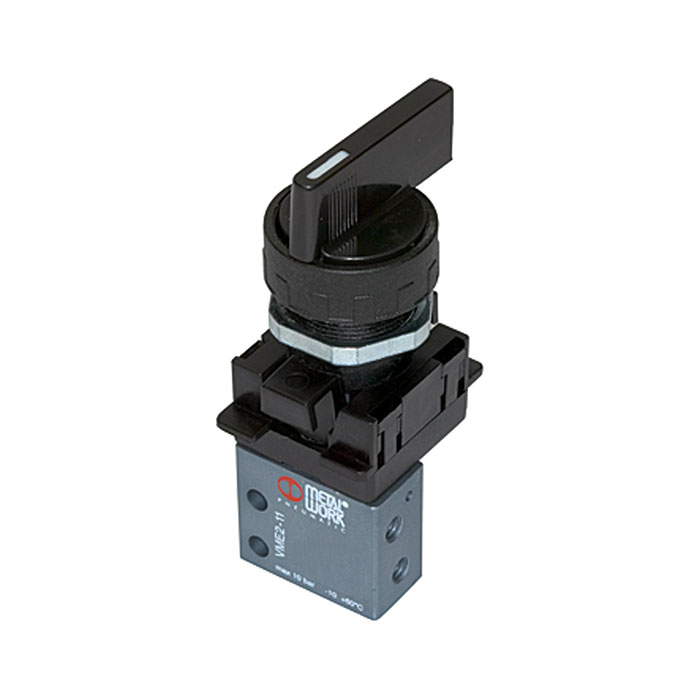 3/2-way mini valve, manual, Rotating lever, NC monostable M5 side