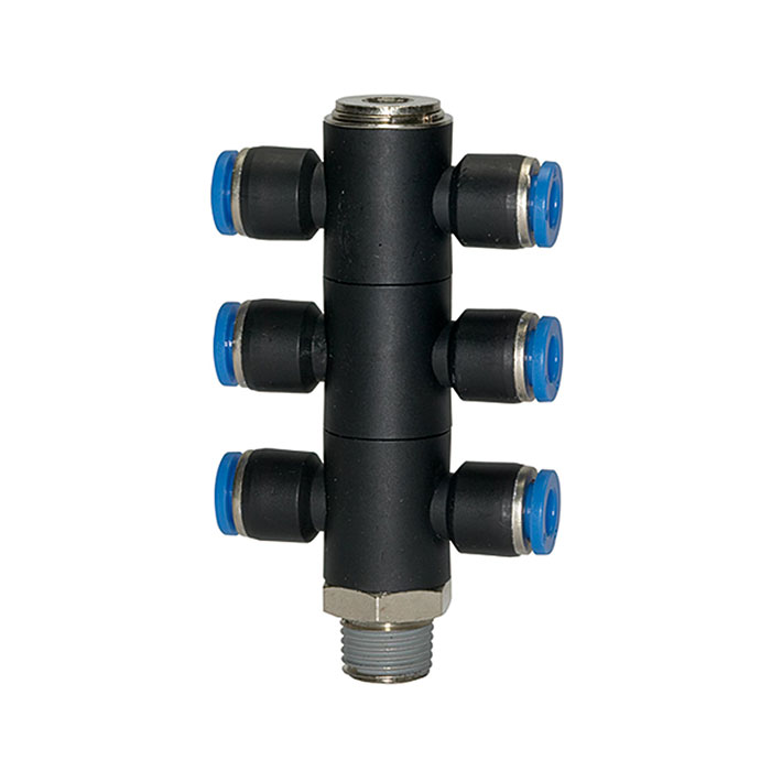 T-Mehrfachverteiler »Blaue Serie«, 6-fach, drehbar, R 1/8 a. Ø4mm