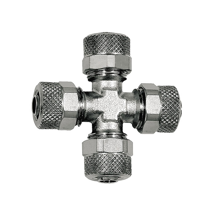 Cross connection, for hose 5/3 mm, AF 8, nickel-plated brass