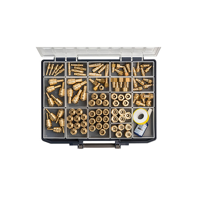 Assortment box with quick disconnect couplings and push-in plugs