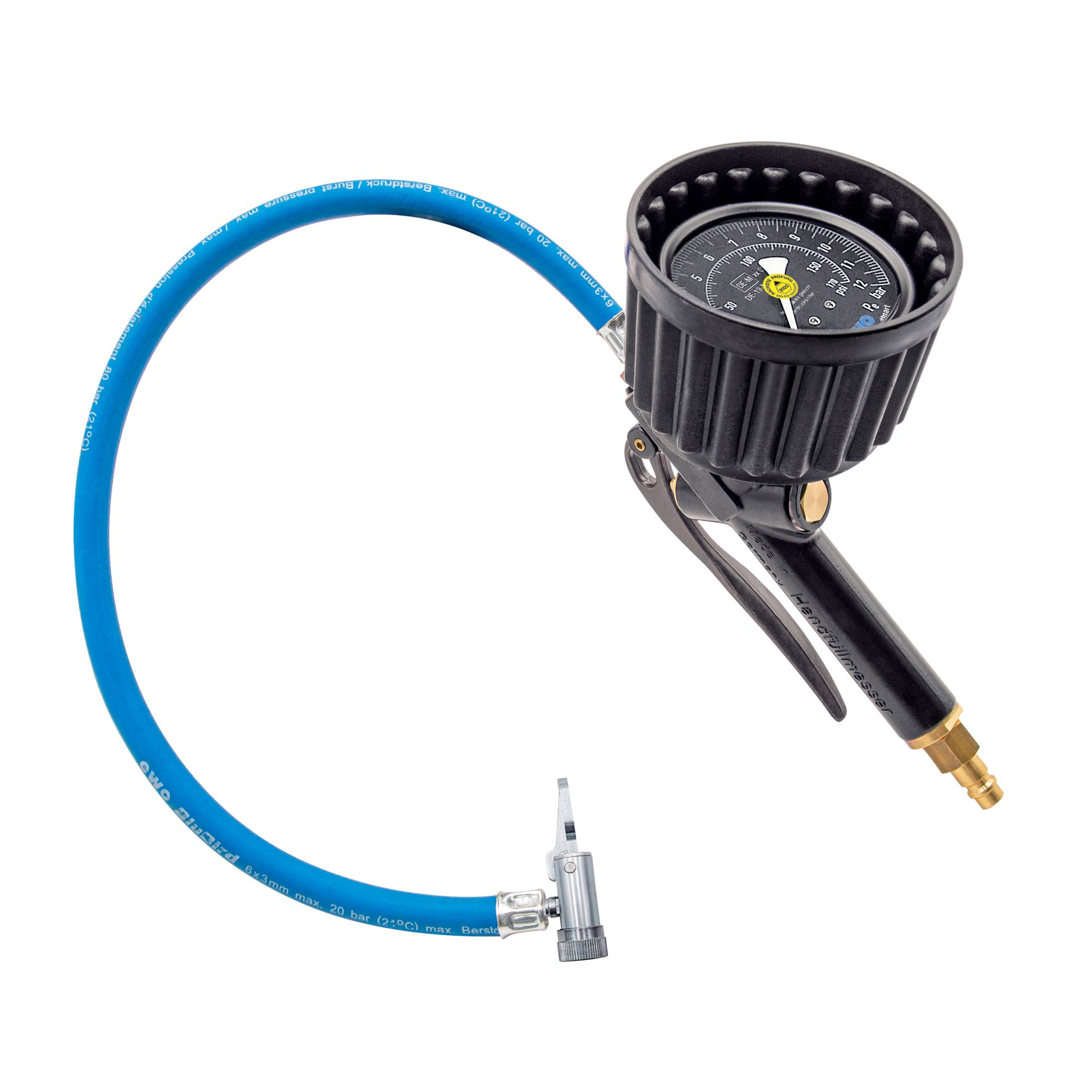 EWO hand-held tire inflation gauge euroair, lever plug, hose: 0.5 m, manometer Ø80 mm, MOP: 12 bar, conformity assessed