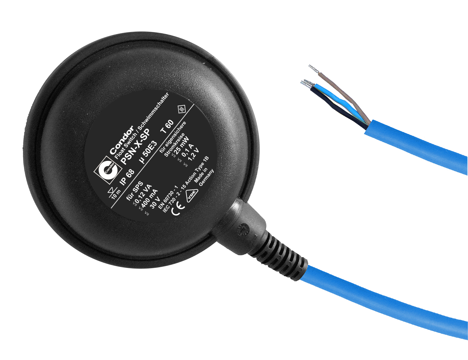 Condor Float switch PSN-X SP for filling and emptying, SPDT, cable length 10 m for intrinsically safe circuits