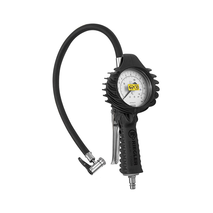 Stand. man. tyre gauge, tyre valve connector, Calibrated 0-12 bar